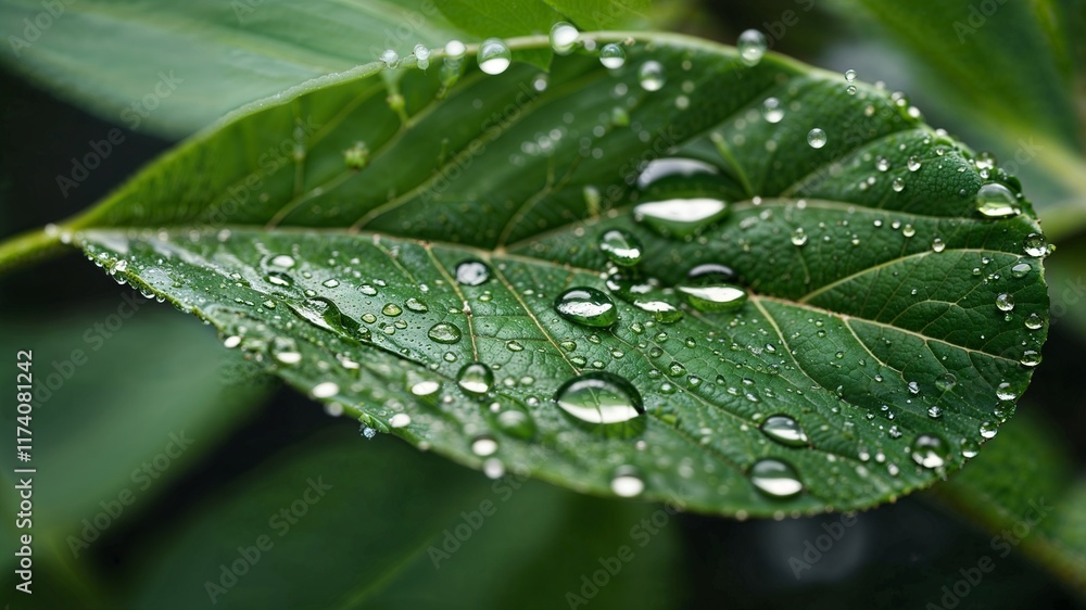 Close-Up of Green Leaf with Water Droplets Symbolizes Sustainability Close-Up of Green Leaf with Water Droplets Symbolizes Sustainability
