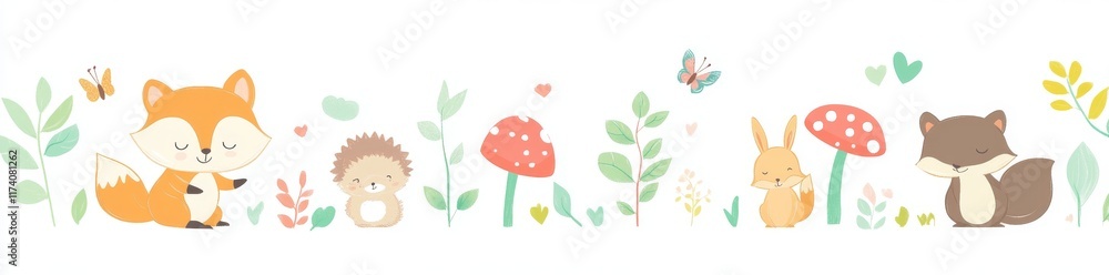 Obraz premium Cute forest animals, butterflies, flowers, and mushrooms form a modern seamless border. The woodland animal characters are isolated on a white background