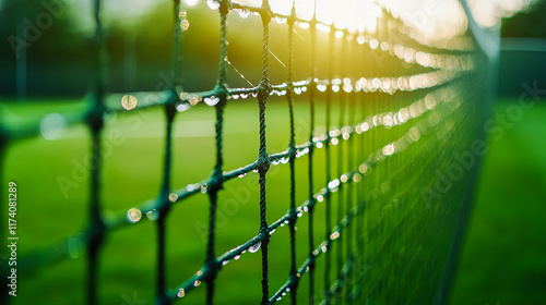 Dew-covered tennis net in morning sunlight on green court photo