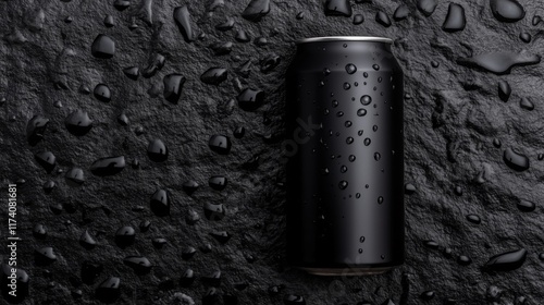 Black matte can with water droplets on textured background, modern industrial branding photo