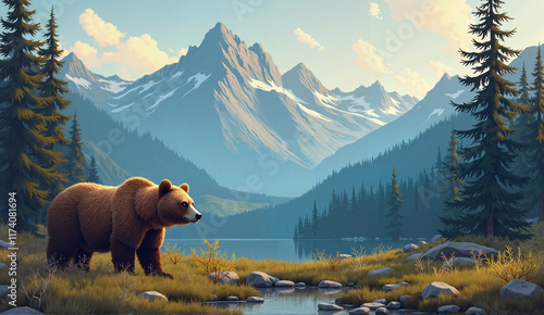 Majestic Brown Bear in a Mountain Landscape by a Serene Lake