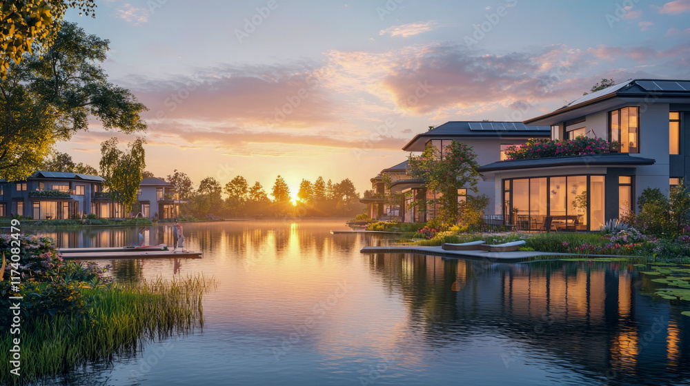 Serene sunset over modern lakeside homes with lush gardens and calm waters Serene sunset over modern lakeside homes with lush gardens and calm waters