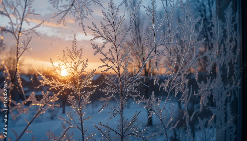 Obraz premium Winter Sunrise: Frozen Branches Glimmering with Frost Crystals on a Cold Winter Morning - Scenic Winter Wonderland View Through Window