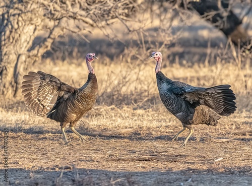 Two male turkeys in their fullest plumed display photo