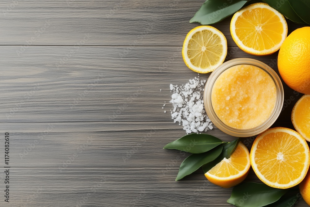 Jar of citrus scrub with orange slices and green leaves on wooden surface. natural skincare concept Jar of citrus scrub with orange slices and green leaves on wooden surface. natural skincare concept