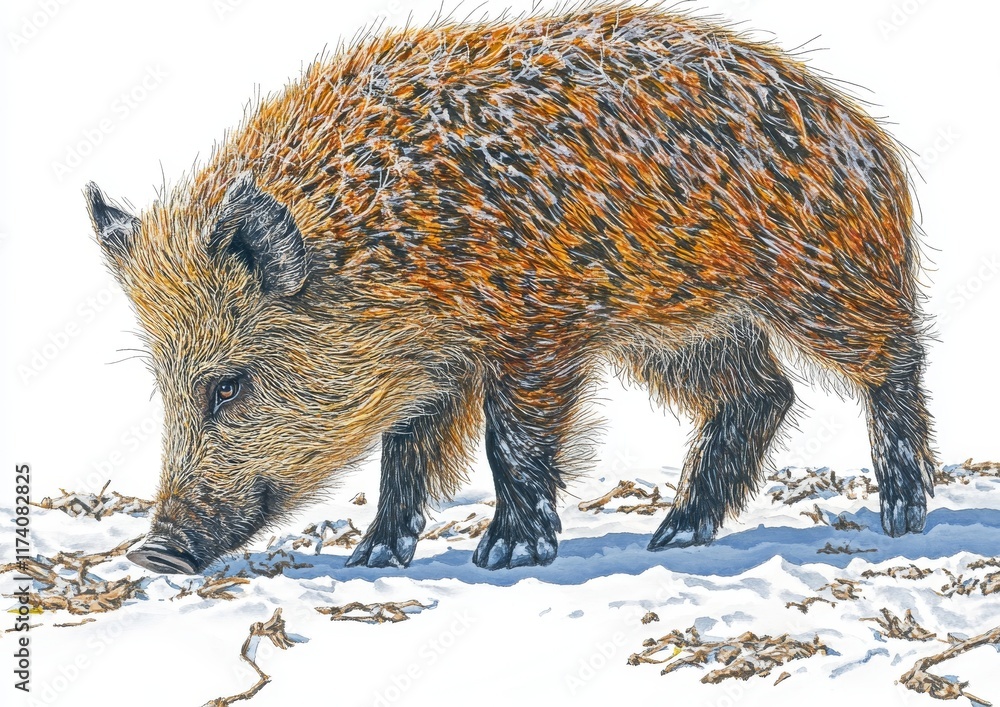 A watercolor illustration featuring a solitary wild boar on a white background