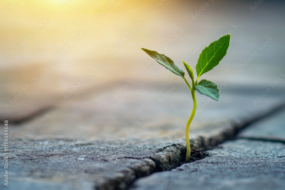 Resilient green plant emerging from cracked pavement in sunlight Resilient green plant emerging from cracked pavement in sunlight