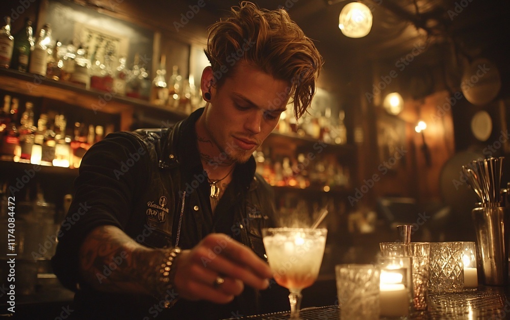 Bartender crafting cocktail in dimly lit bar. Bartender crafting cocktail in dimly lit bar.