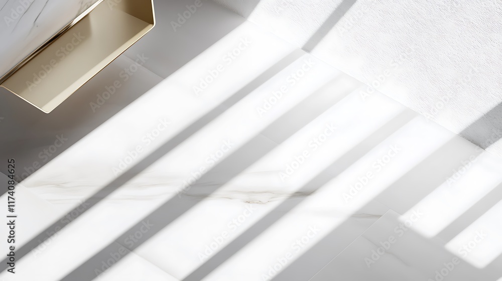 Fototapeta premium Minimalist gold shelf and marble floor with sunlight shadows