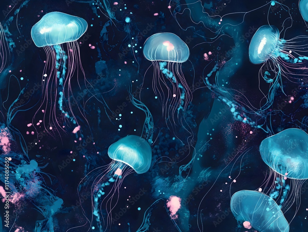 Naklejka premium Glowing Jellyfish and Bioluminescent Creatures