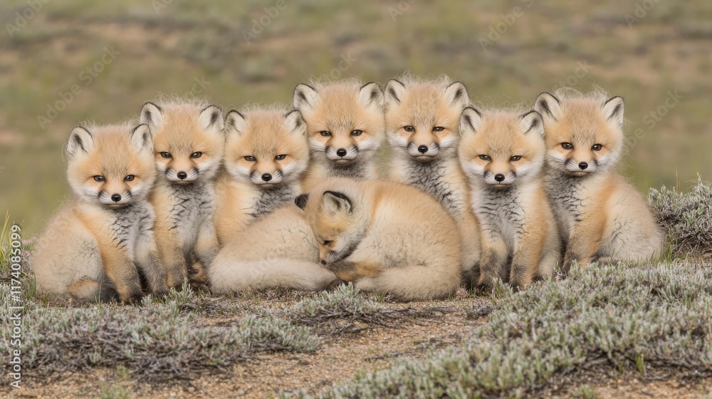 Obraz premium Red fox, vulpes vulpes, cubs sitting beside the den. Group of baby animals peering around. Wildlife view showing various young predators