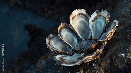 Coastal sunset, open oysters on rocks, sea background, food photography. photo