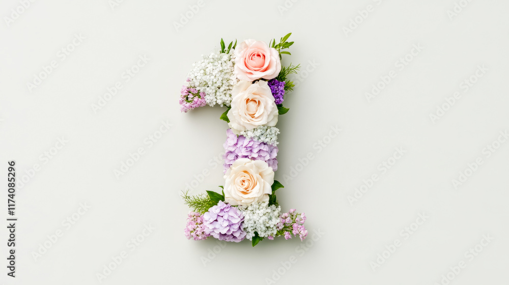 Floral number one design with roses and hydrangeas on neutral background Floral number one design with roses and hydrangeas on neutral background