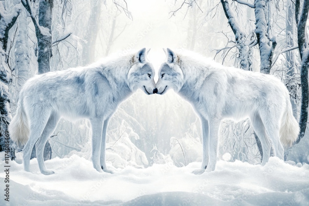 Naklejka premium A snowy winter day finds two stunning wolves wandering in the forest