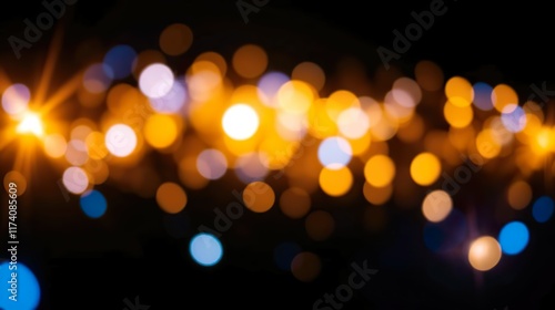 abstract background featuring glittering lights in vibrant blue and gold shades, scattered against a dark black gradient.