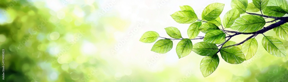 Fresh Green Leaves on a Delicate Branch Against a Soft Blurred Background of Nature in Springtime or Summertime Illumination Fresh Green Leaves on a Delicate Branch Against a Soft Blurred Background of Nature in Springtime or Summertime Illumination