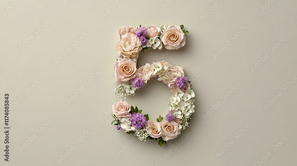 Floral number 5 with roses and hydrangeas on neutral background Floral number 5 with roses and hydrangeas on neutral background