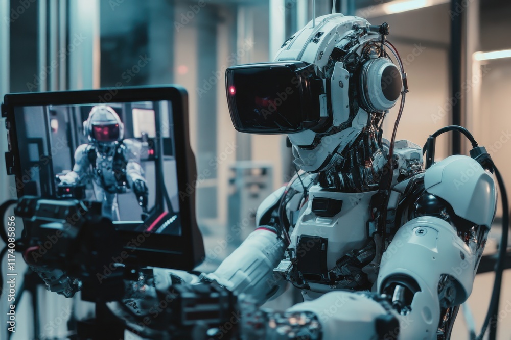 Fototapeta premium Robot interacts with a display in a futuristic laboratory setting