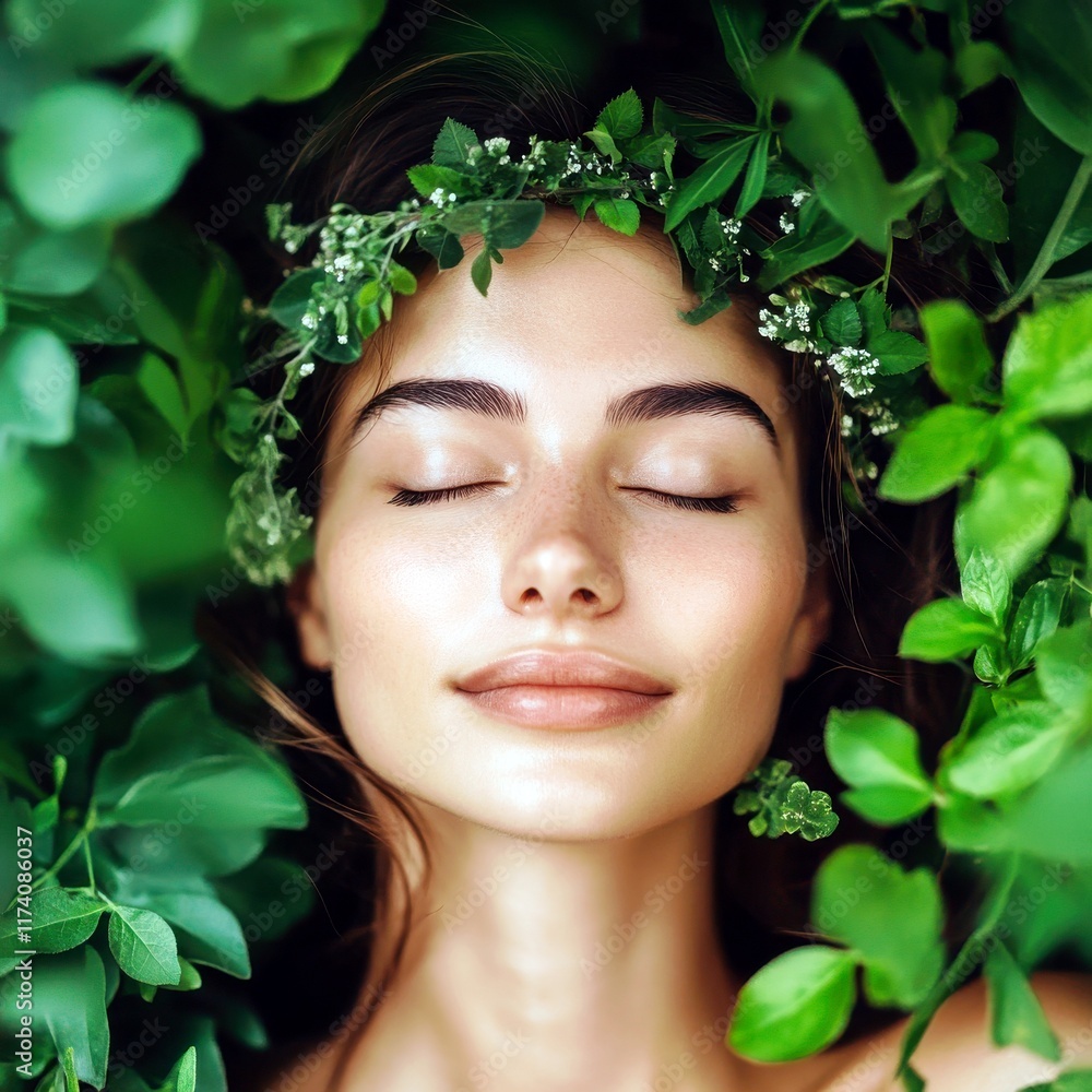 Beautiful woman with a serene expression surrounded by lush green foliage and delicate floral accents in a peaceful natural setting Beautiful woman with a serene expression surrounded by lush green foliage and delicate floral accents in a peaceful natural setting