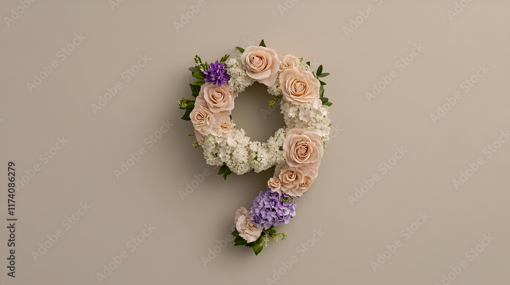 Floral number 9 with roses and hydrangeas on neutral background Floral number 9 with roses and hydrangeas on neutral background