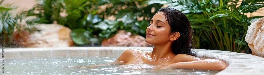 Naklejka premium Tranquil Moment in a Natural Spa Setting with a Relaxing Woman Enjoying Warm Water Surrounded by Lush Greenery and Rock Features