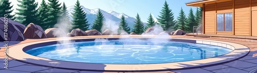 Serene Outdoor Hot Tub Surrounded by Nature with Mountain Views and Misty Steam in a Relaxing Retreat Setting