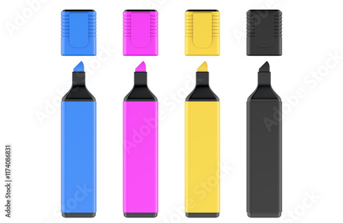 Set of Permanent Markers, CMYK concept. 3D rendering isolated on transparent background photo