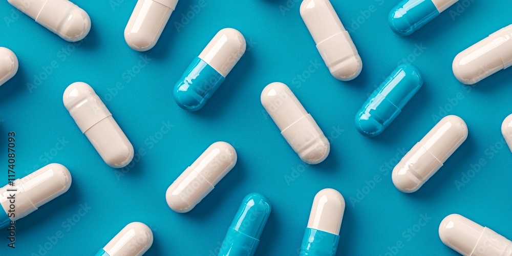 A vibrant arrangement of white and blue capsules on a smooth surface, perfect for showcasing modern pharmaceutical design. A vibrant arrangement of white and blue capsules on a smooth surface, perfect for showcasing modern pharmaceutical design.