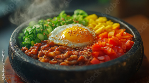 Vibrant korean bibimbap: fresh vegetables, egg, sesame, and chili photo