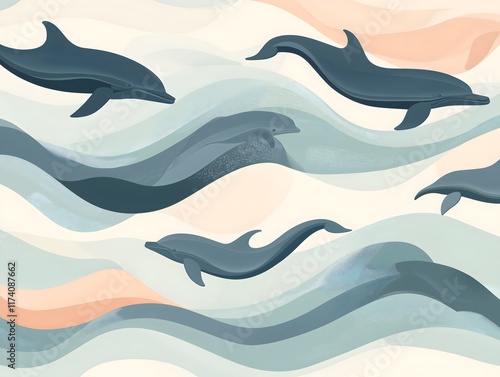 Gradient Pattern of Whales and Dolphins in Abstract Waves photo