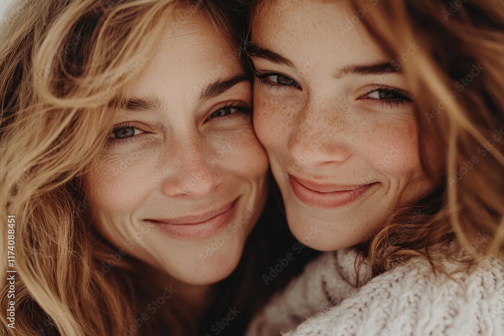 Close-up of two sisters with long, reddish-blonde hair smiling warmly at the camera. Close-up of two sisters with long, reddish-blonde hair smiling warmly at the camera.