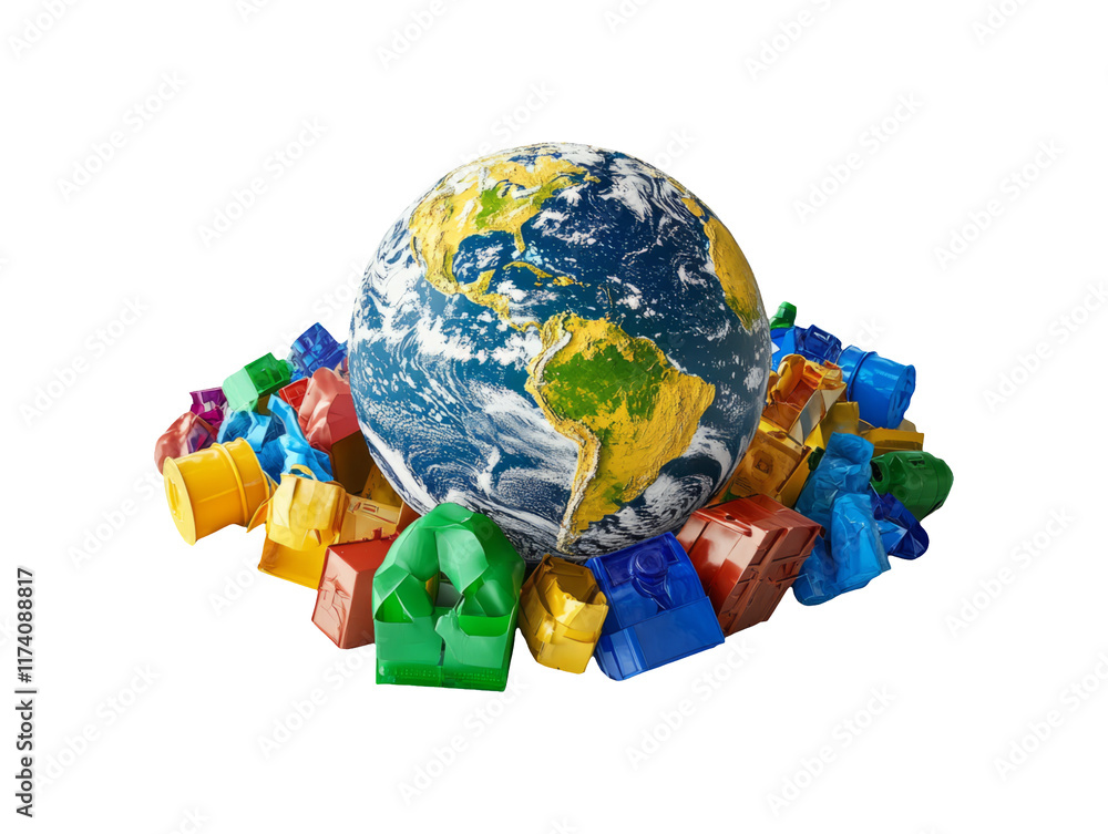Fototapeta premium 3D Model of Earth Surrounded by Colorful Recycling Materials