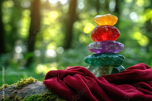 A vibrant chakra stone stack rests on a red velvet cloth in a sunlit forest, showcasing nature's serenity. photo