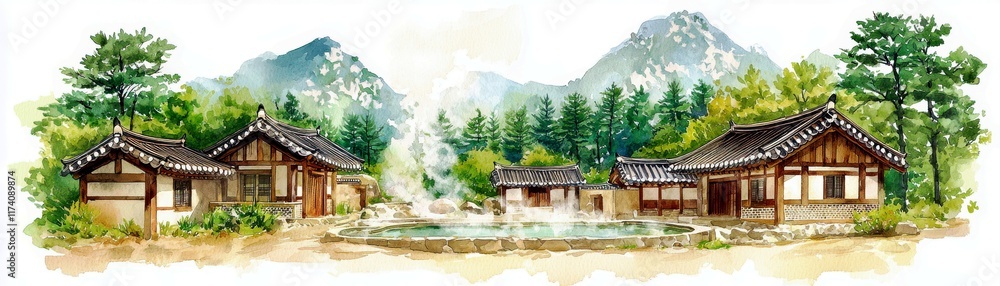 Beautiful traditional Korean village landscape with mountains, rustic buildings, peaceful pond, and lush greenery in a serene natural setting Beautiful traditional Korean village landscape with mountains, rustic buildings, peaceful pond, and lush greenery in a serene natural setting
