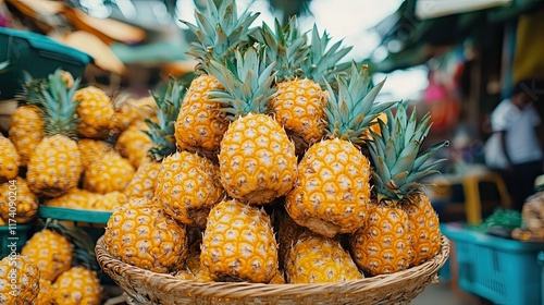 Tropical market pineapples, vibrant display, bustling background, food sale. photo