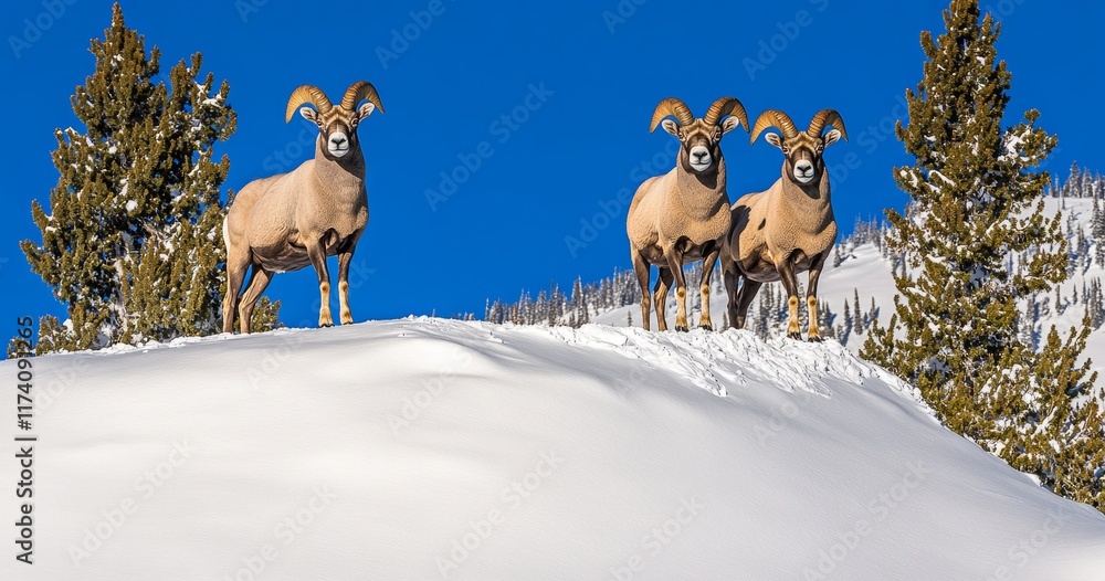 Obraz premium A low perspective shows two bighorn rams perched on a hill at Yellowstone