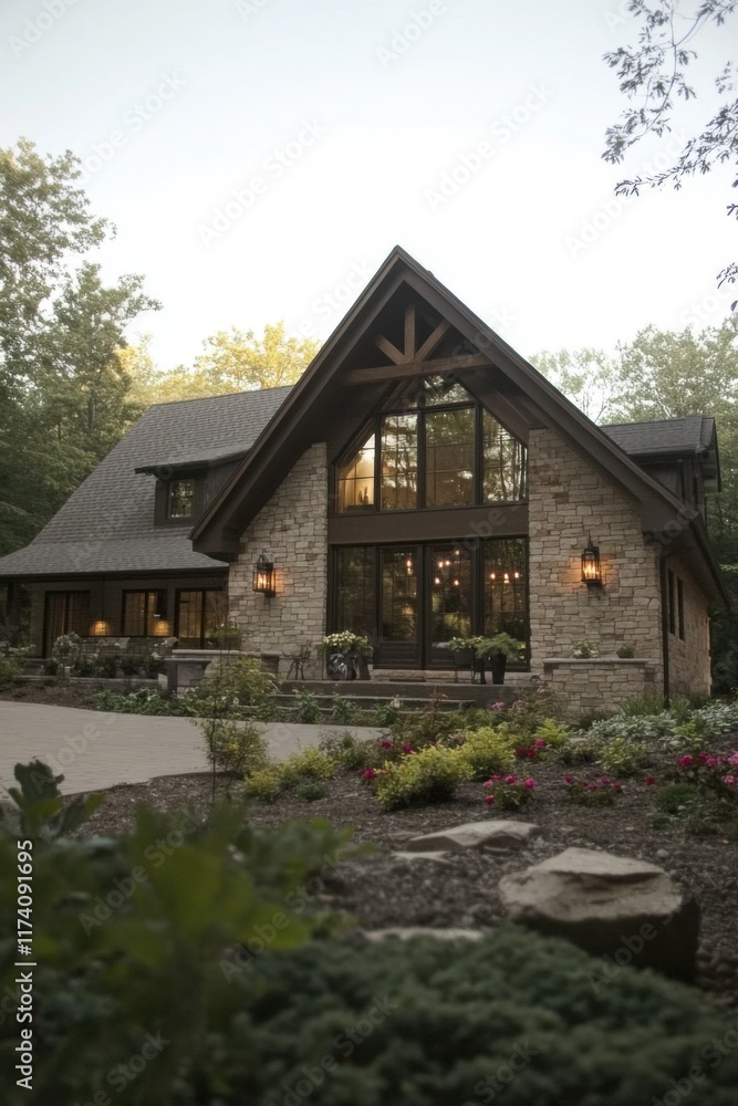 A stunning contemporary stone house nestled amidst vibrant, lush greenery, all bathed in the warm glow of late afternoon light, creates a tranquil rustic atmosphere A stunning contemporary stone house nestled amidst vibrant, lush greenery, all bathed in the warm glow of late afternoon light, creates a tranquil rustic atmosphere