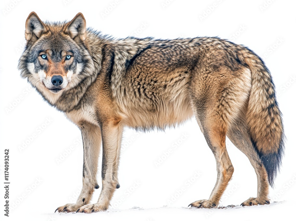 Naklejka premium The image shows a handsome American Wolfdog standing to the side, its head turned backward and looking away from the camera. The subject is isolated on a transparent background