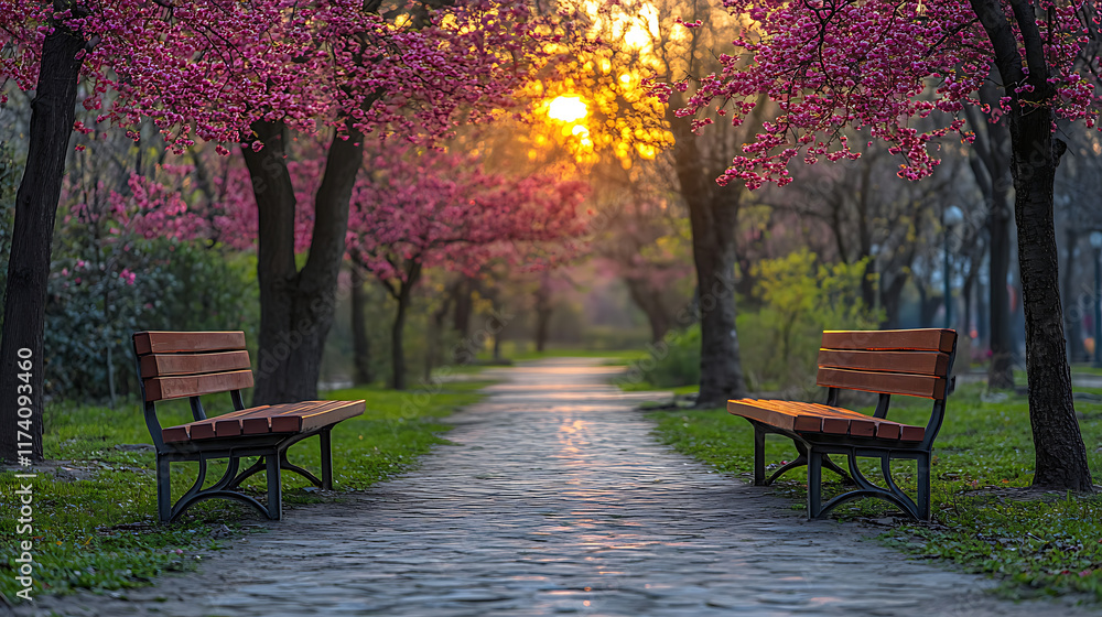 Serene sunset path lined with blossoming trees and park benches. Serene sunset path lined with blossoming trees and park benches.