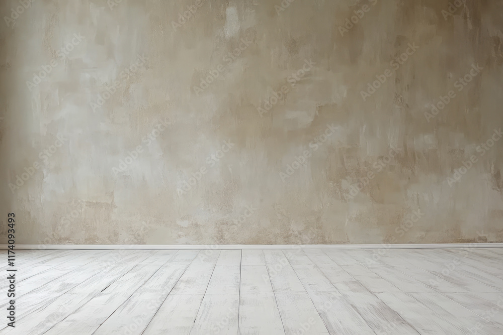 Rustic beige wall and light wooden floor in minimalist interior design Rustic beige wall and light wooden floor in minimalist interior design