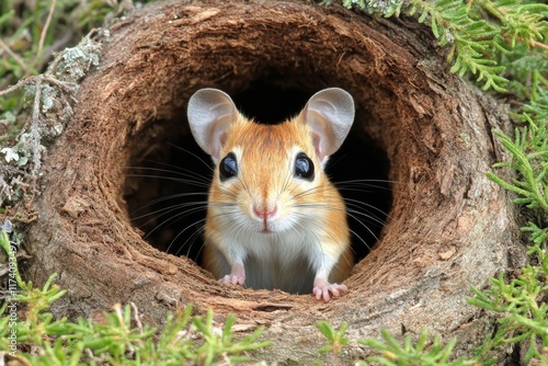 A winter morning scene captures a yellow-necked mouse, Apodemus flavicollis, resting on the ground in a garden photo