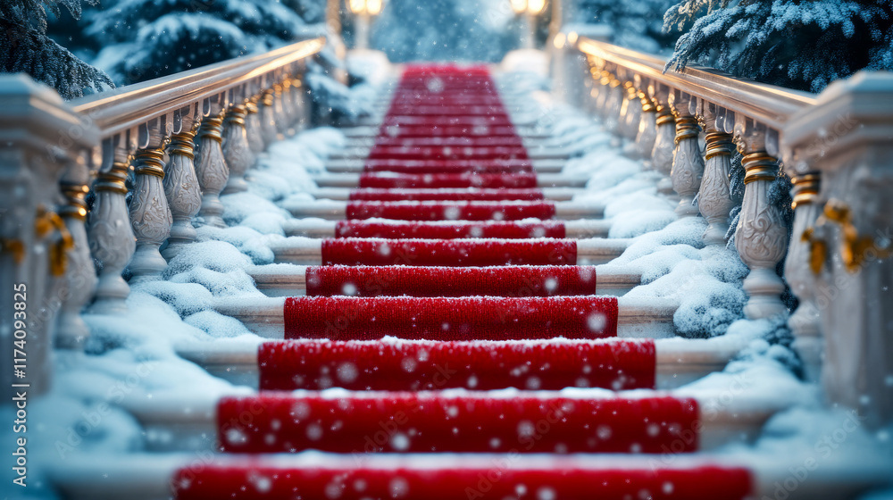 Fototapeta premium Elegant snow-covered staircase with red carpet in winter wonderland