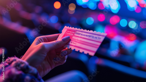 Hand Holding Event Ticket in a Colorful Auditorium