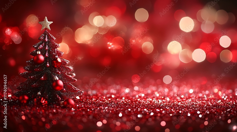 Red Christmas Tree with Sparkling Glitter Background Red Christmas Tree with Sparkling Glitter Background