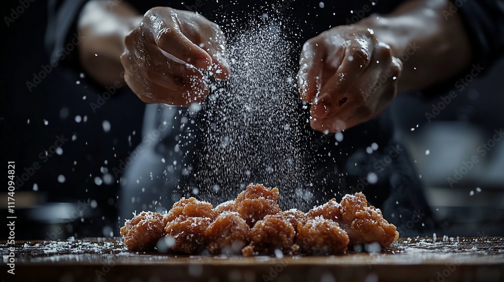 Fototapeta premium Chef seasoning fried chicken with powder.
