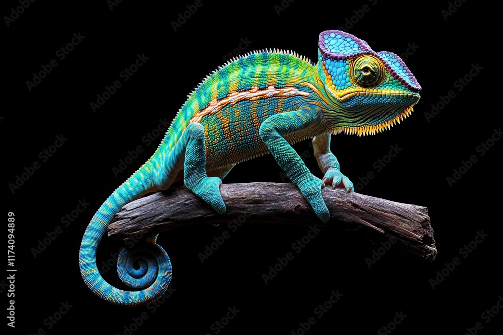 The panther chameleon walks on a winding piece of spiral wood with a black background The panther chameleon walks on a winding piece of spiral wood with a black background