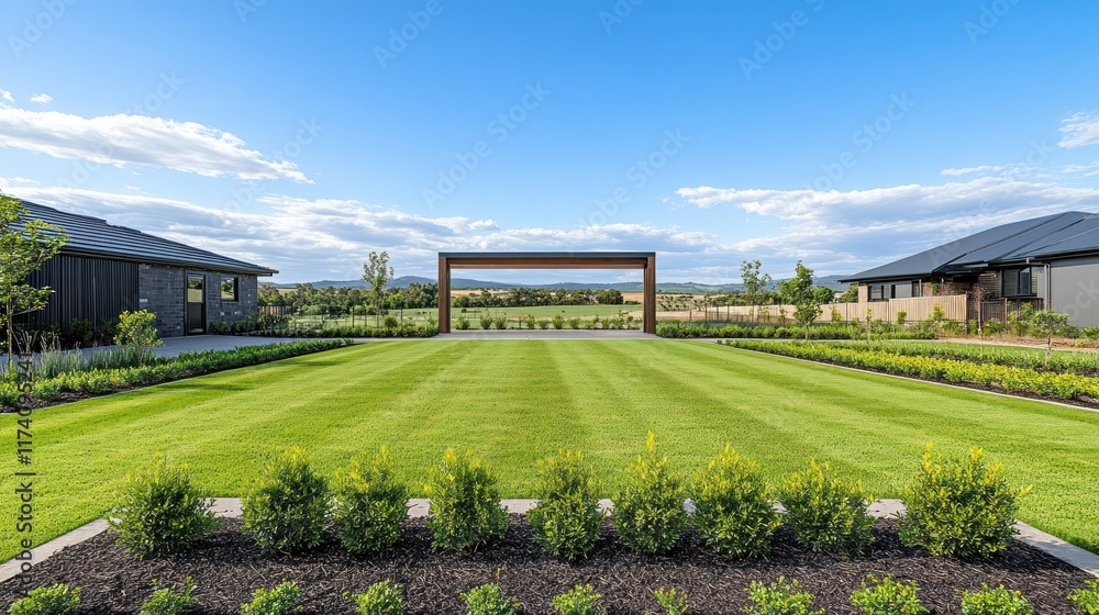 Modern homes, manicured lawn, pergola, mountain view. Modern homes, manicured lawn, pergola, mountain view.