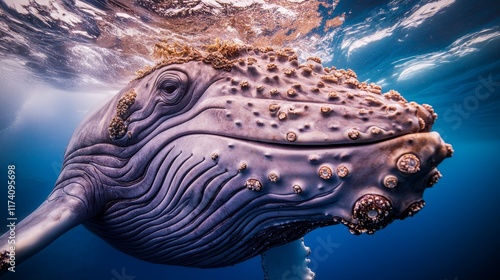 Humpback whale cavorting at the ocean's surface in the vibrant blue water photo