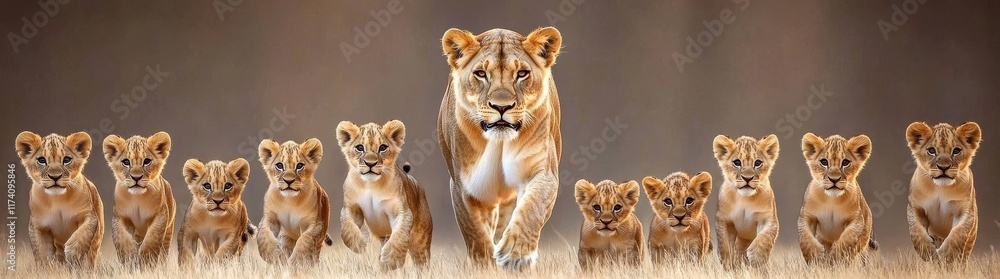 Setting sun highlights lions standing in the savanna, among a group of wild animals in nature. Horizontal, banner format Setting sun highlights lions standing in the savanna, among a group of wild animals in nature. Horizontal, banner format