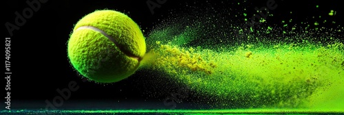 A tennis ball in flight at the exact moment of impact, with an abstract background of dynamic splashes, highlighting the motion of tennis. Blitz moment in tennis: a close-up of the ball photo